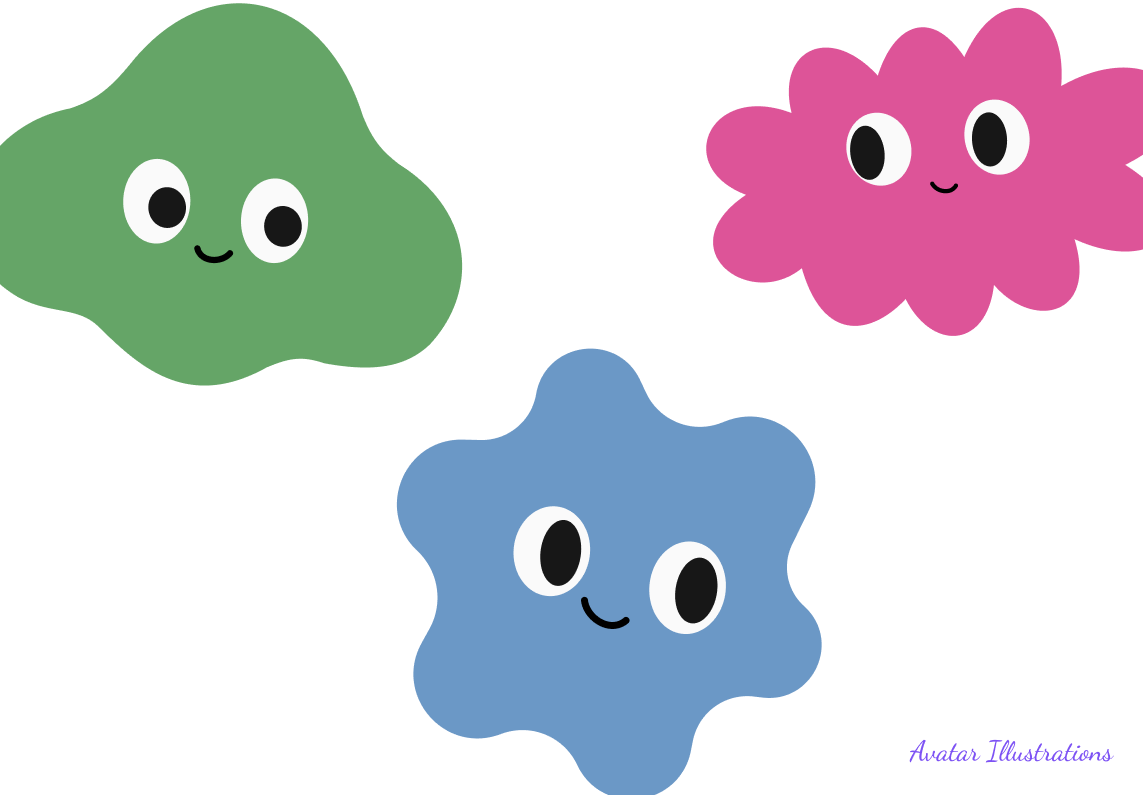 Giggles avatar illustrations — three friendly blob characters in green, pink, and blue with cute faces representing the Giggles brand mascots